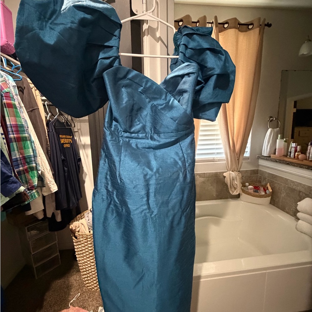 Strapless Teal Satin Evening Dress with Statement Puff Sleeves and a cocktail